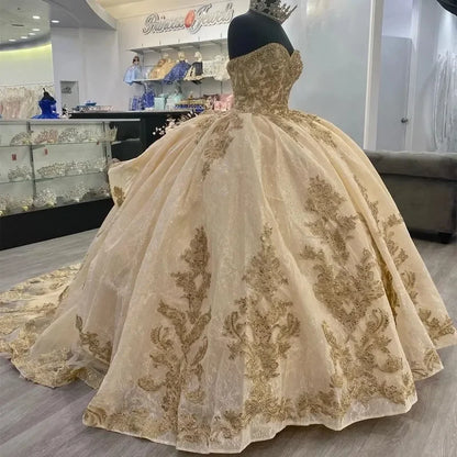 Luxury Gold Quinceañera Dress (MQ645 · Embroidered Organza · Vintage Ball Gown · Customizable)