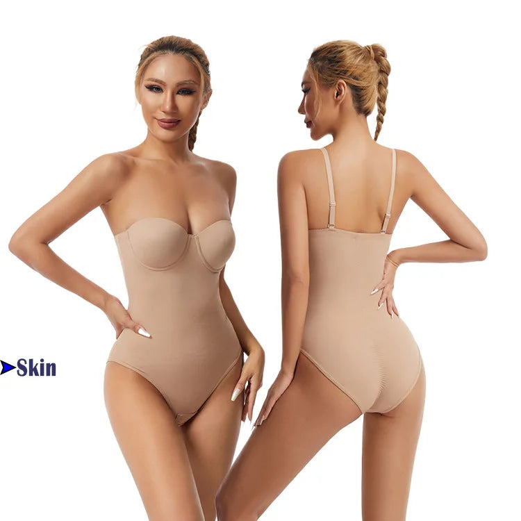 Women's Breathable Strapless Seamless Shapewear Bodysuit Slimming Body Shaper Tummy Control Detachable Shoulder Strap Female