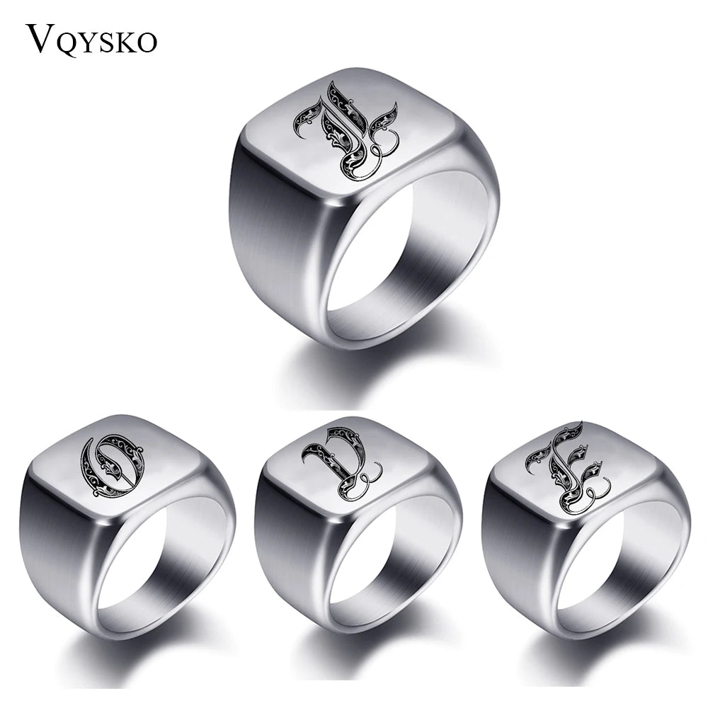 Initial Engrave Custom Rings For Men Stainless Steel Male Signet Blank Jewelry Ring Band High Polished Silver Tone U.S.Size