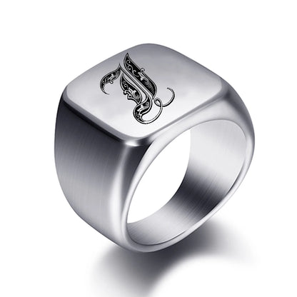 Initial Engrave Custom Rings For Men Stainless Steel Male Signet Blank Jewelry Ring Band High Polished Silver Tone U.S.Size
