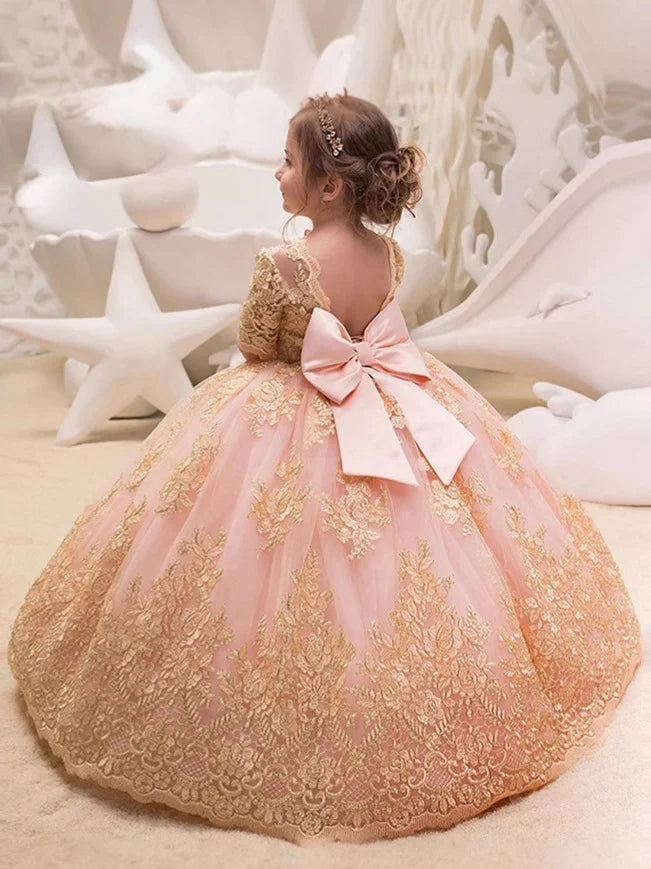 Rose Gold Lace Applique Flower Girl Dress (Floor‑Length · Princess Gown · Formal Events)
