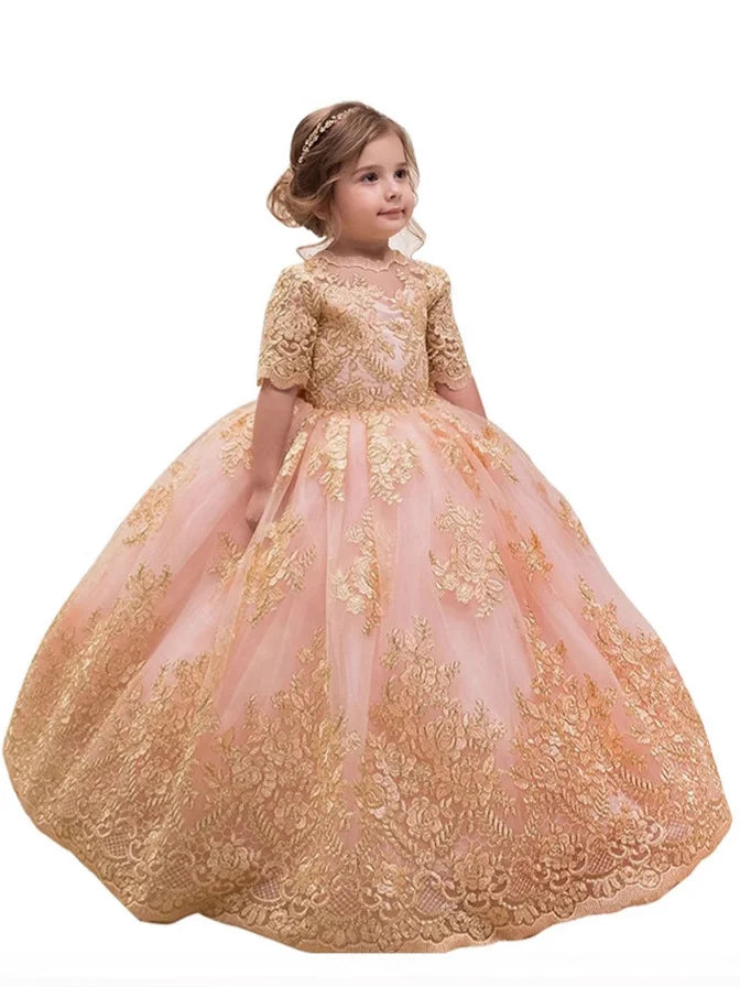 Rose Gold Lace Applique Flower Girl Dress (Floor‑Length · Princess Gown · Formal Events)