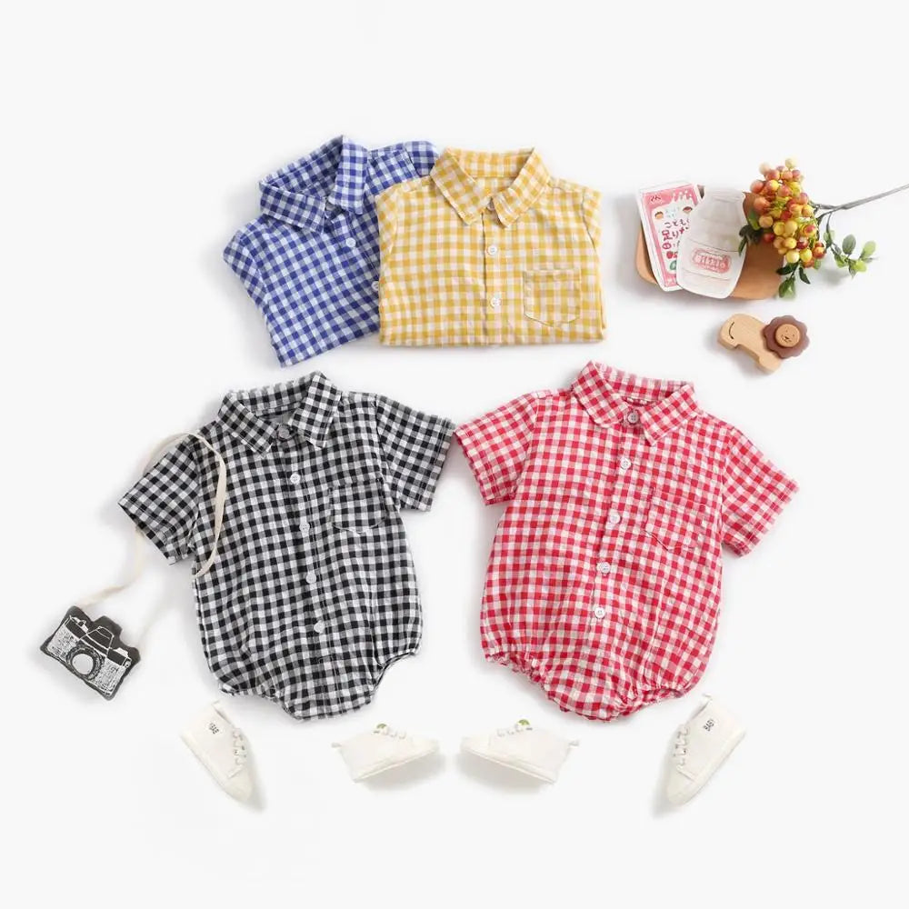 Baby Boys Bodysuits Short Sleeve Plaid Cotton