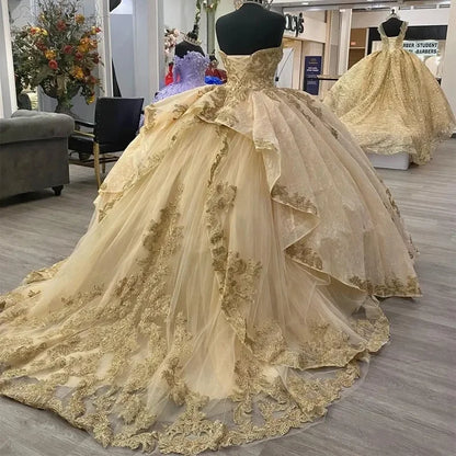Luxury Gold Quinceañera Dress (MQ645 · Embroidered Organza · Vintage Ball Gown · Customizable)