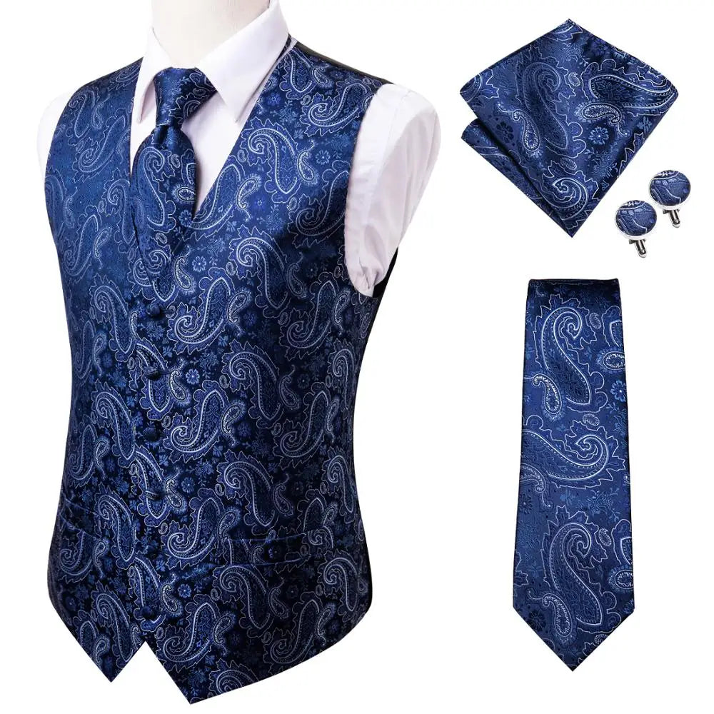 Hi-Tie 20 Color Silk Men's Vests Tie Slim Sleeveless Jacket Hanky Cufflink Waistcoat 4PC Suit