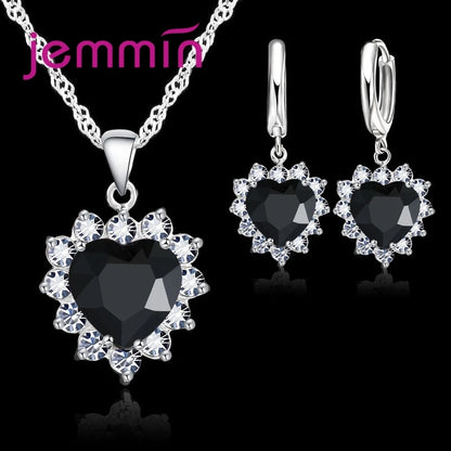 Solid 925 Silver Color Wedding Engagement Anniversary Gift Jewelry Sets Heart Pendant Hoop Earrings for Women Girls