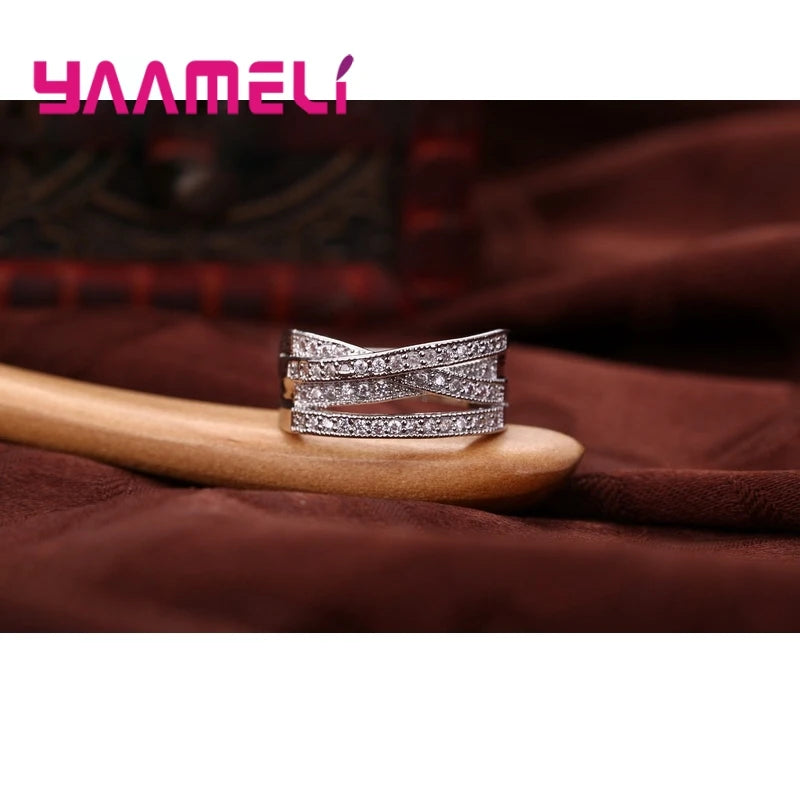 925 Sterling Silver Color Jewelry Crystal Inlay Overpass Cross Bague Bijoux 5-13