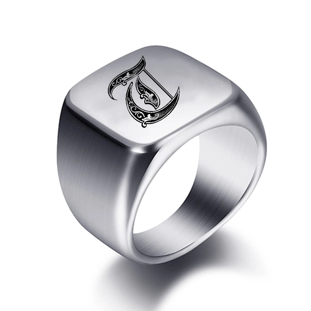 Initial Engrave Custom Rings For Men Stainless Steel Male Signet Blank Jewelry Ring Band High Polished Silver Tone U.S.Size