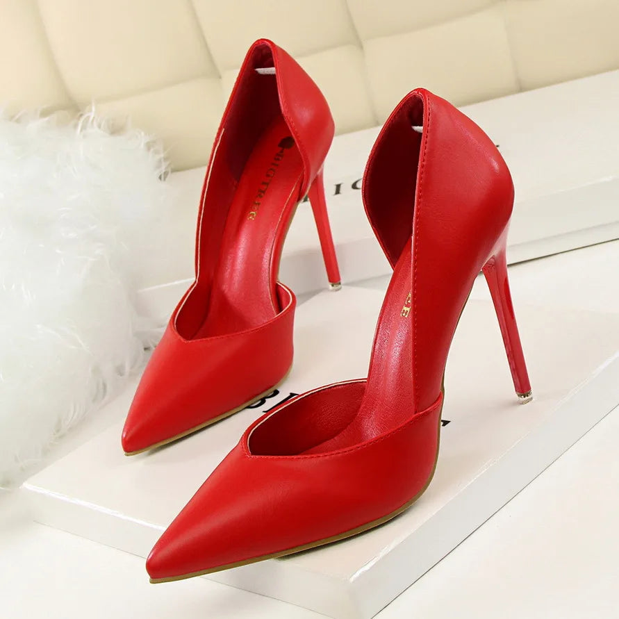 Soft PU Leather Show Thin Women Pumps Shallow Sexy Spring High Heels Pointed Toe Side Cut-Outs Ladies Party Shoes Office Fashion