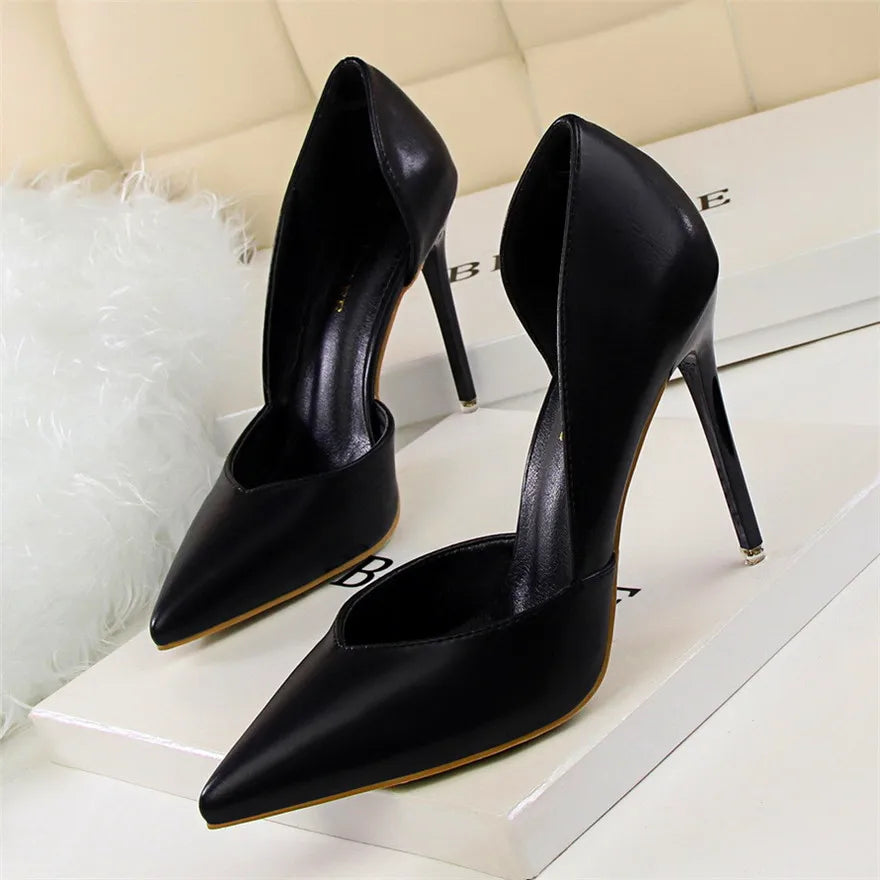 Soft PU Leather Show Thin Women Pumps Shallow Sexy Spring High Heels Pointed Toe Side Cut-Outs Ladies Party Shoes Office Fashion