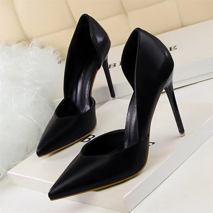 Soft PU Leather Show Thin Women Pumps Shallow Sexy Spring High Heels Pointed Toe Side Cut-Outs Ladies Party Shoes Office Fashion