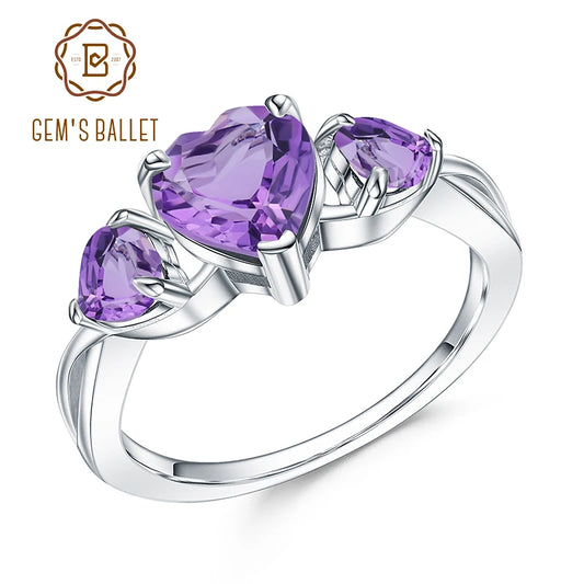 GEM'S BALLET 925 Sterling Silver February Birthstone Ring 1.71Ct Natural Amethyst Heart Rings For Women Valentine's Day Jewelry
