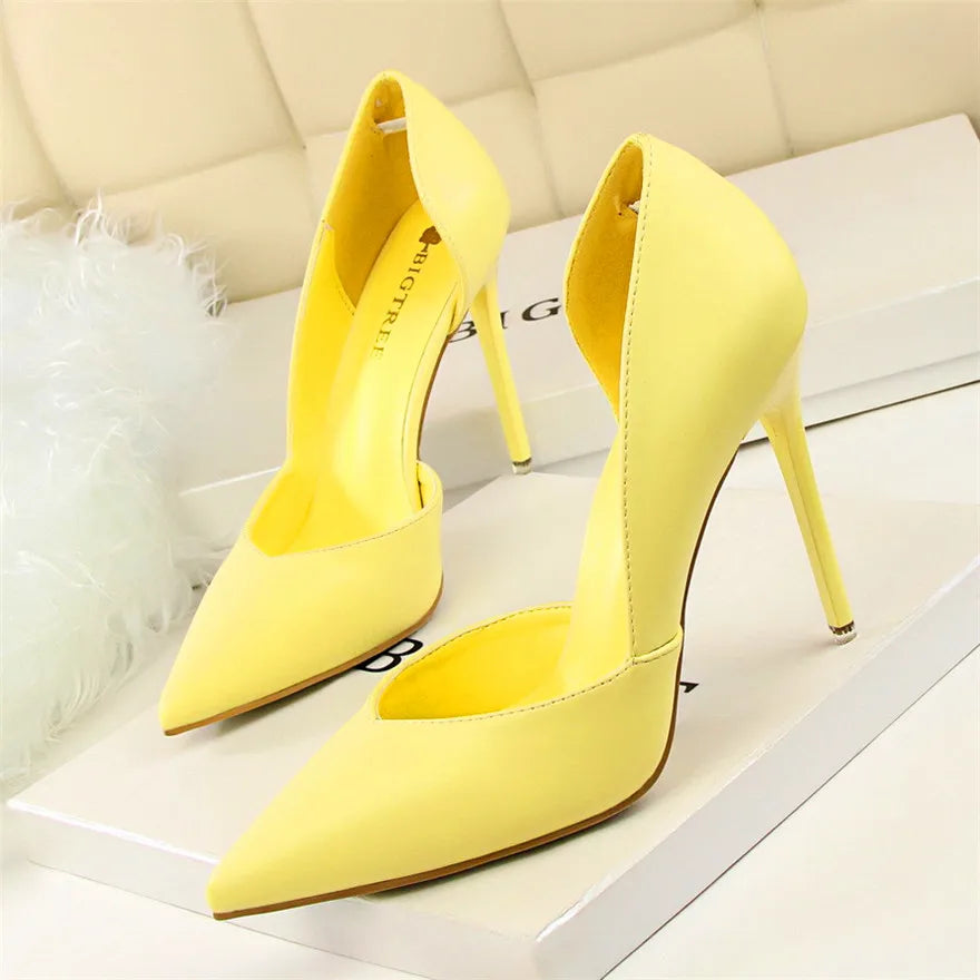 Soft PU Leather Show Thin Women Pumps Shallow Sexy Spring High Heels Pointed Toe Side Cut-Outs Ladies Party Shoes Office Fashion