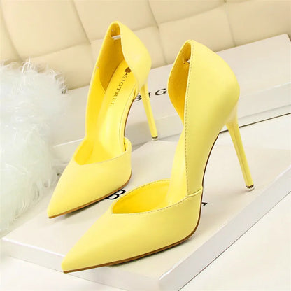 Soft PU Leather Show Thin Women Pumps Shallow Sexy Spring High Heels Pointed Toe Side Cut-Outs Ladies Party Shoes Office Fashion
