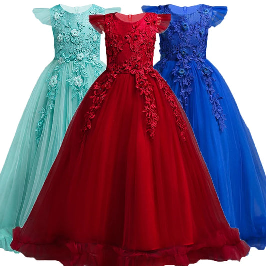 Girls' Princess Formal Dress: Flower Lace Sleeveless Long Dress, Ideal for Weddings and Costumes (Ages 4-15)