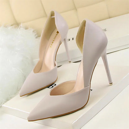 Soft PU Leather Show Thin Women Pumps Shallow Sexy Spring High Heels Pointed Toe Side Cut-Outs Ladies Party Shoes Office Fashion
