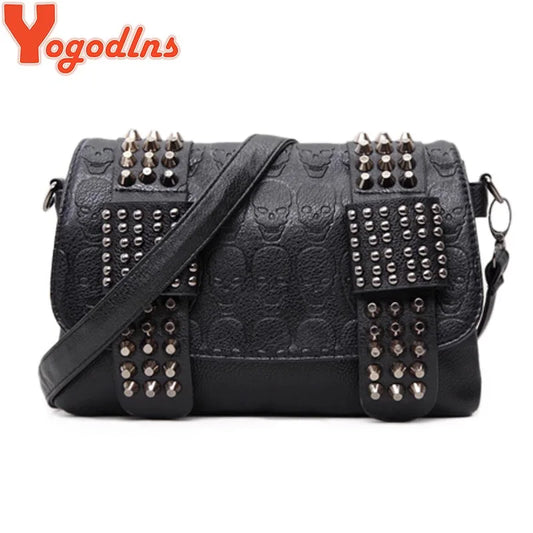Black Leather Messenger Fashion Vintage Messenger Cool Skull Rivets Shoulder Bag