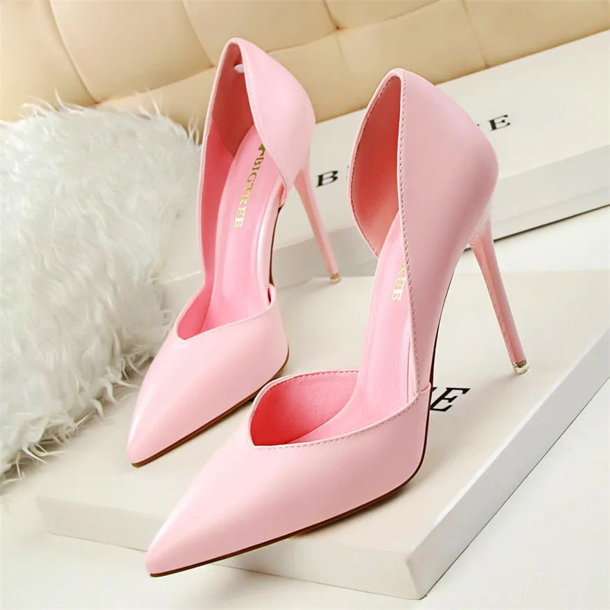 Soft PU Leather Show Thin Women Pumps Shallow Sexy Spring High Heels Pointed Toe Side Cut-Outs Ladies Party Shoes Office Fashion