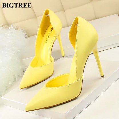 Soft PU Leather Show Thin Women Pumps Shallow Sexy Spring High Heels Pointed Toe Side Cut-Outs Ladies Party Shoes Office Fashion