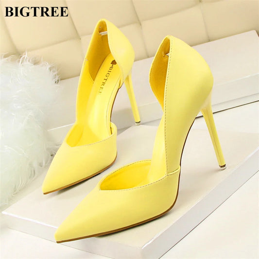 Soft PU Leather Show Thin Women Pumps Shallow Sexy Spring High Heels Pointed Toe Side Cut-Outs Ladies Party Shoes Office Fashion