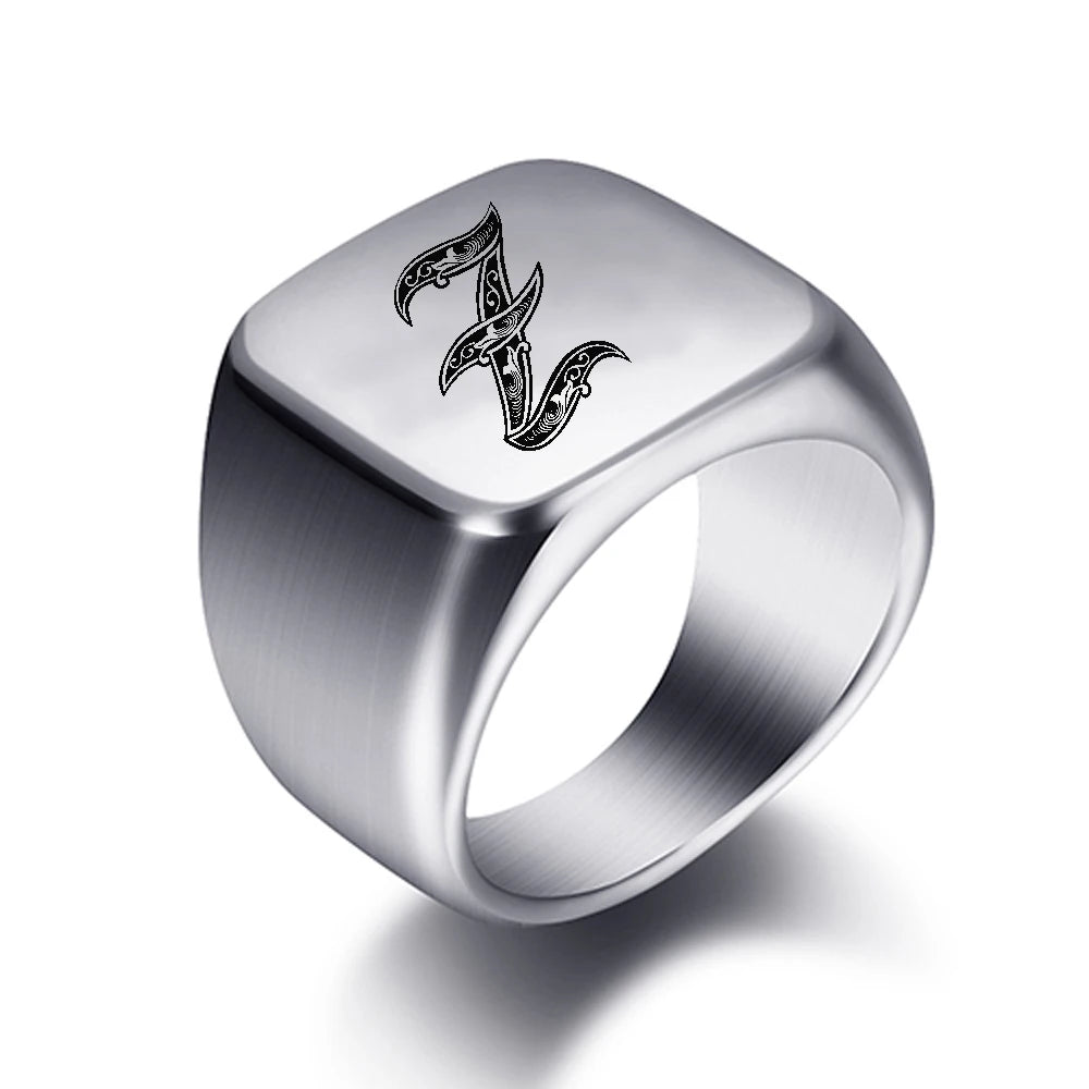 Initial Engrave Custom Rings For Men Stainless Steel Male Signet Blank Jewelry Ring Band High Polished Silver Tone U.S.Size