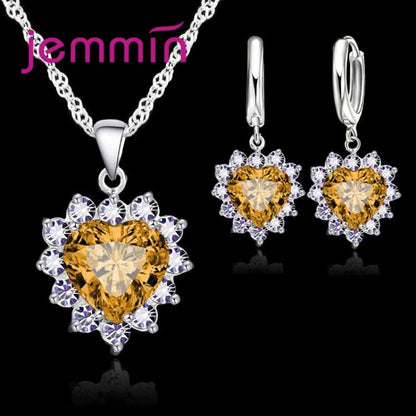 Solid 925 Silver Color Wedding Engagement Anniversary Gift Jewelry Sets Heart Pendant Hoop Earrings for Women Girls