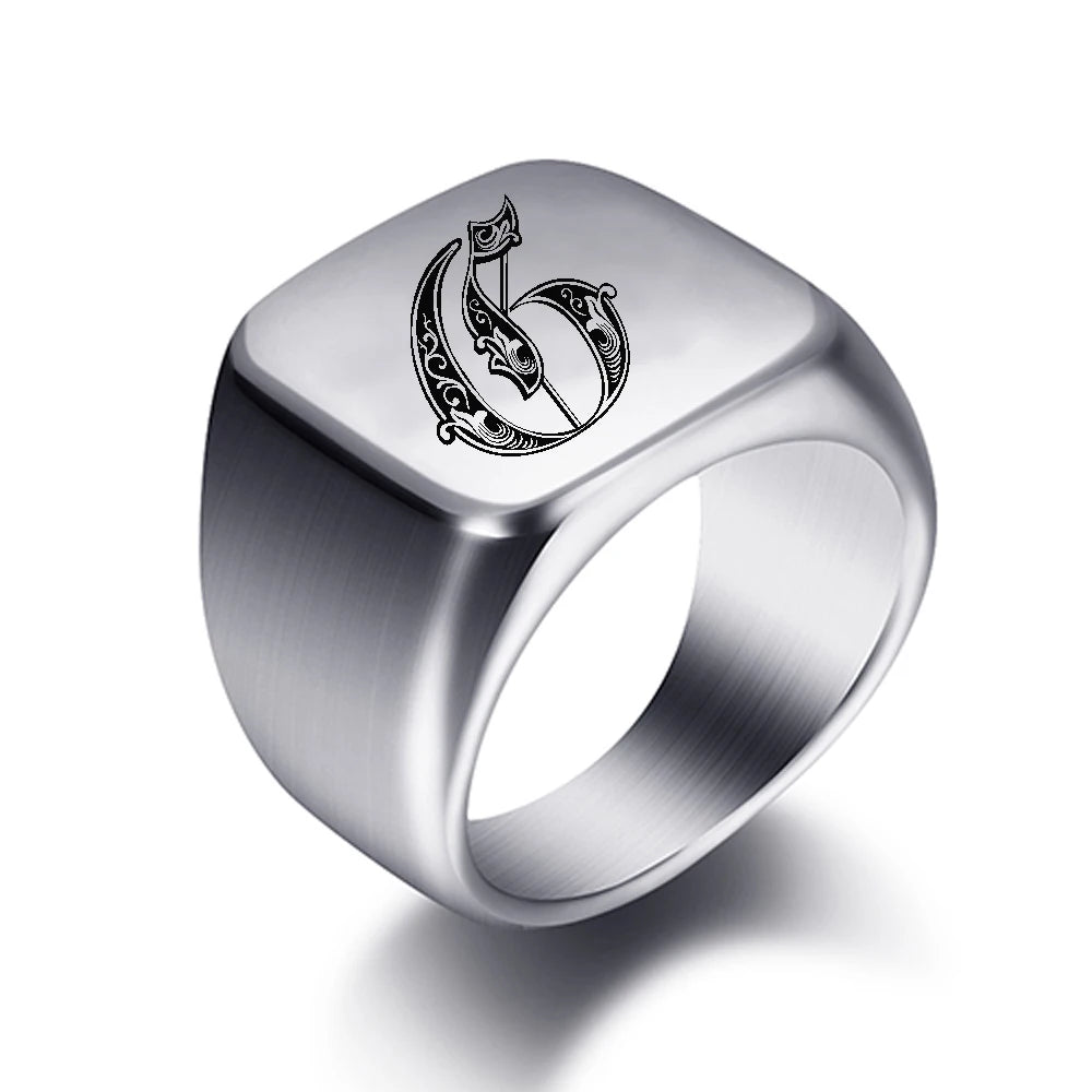 Initial Engrave Custom Rings For Men Stainless Steel Male Signet Blank Jewelry Ring Band High Polished Silver Tone U.S.Size