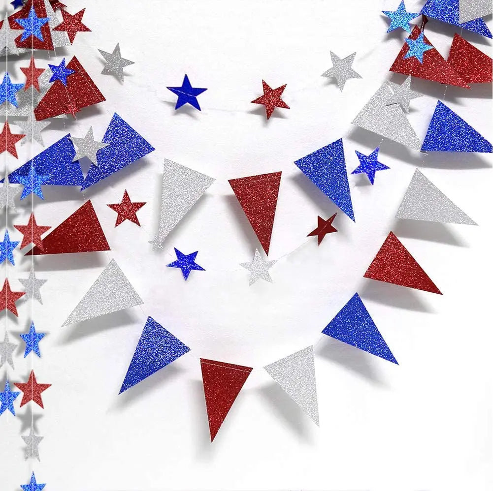 Fourth of July Glitter Star Garland – Red, Blue, Silver & White Triangle Banner for Independence Day Decor