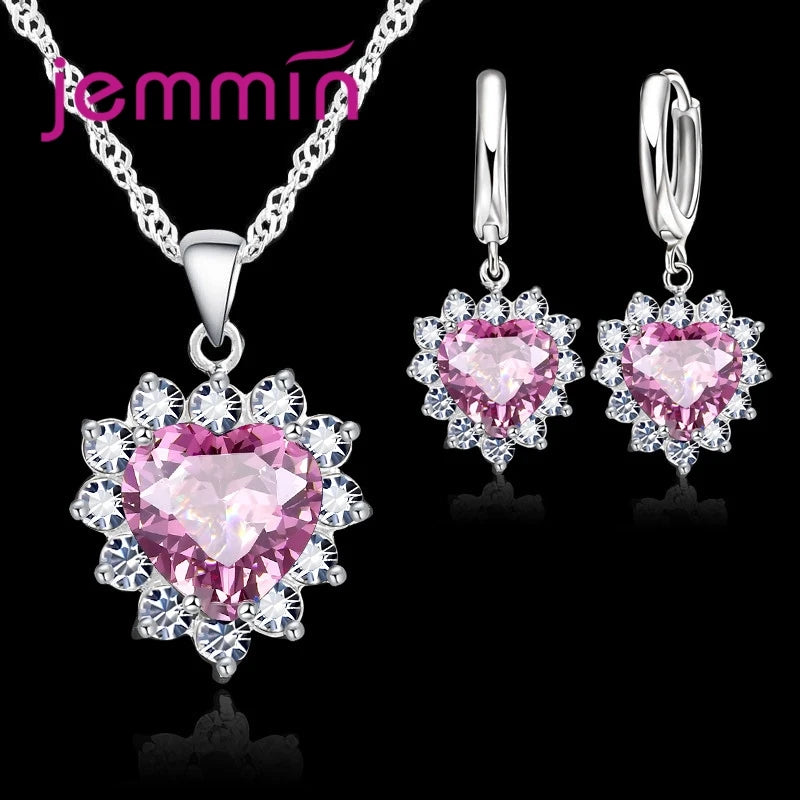 Solid 925 Silver Color Wedding Engagement Anniversary Gift Jewelry Sets Heart Pendant Hoop Earrings for Women Girls