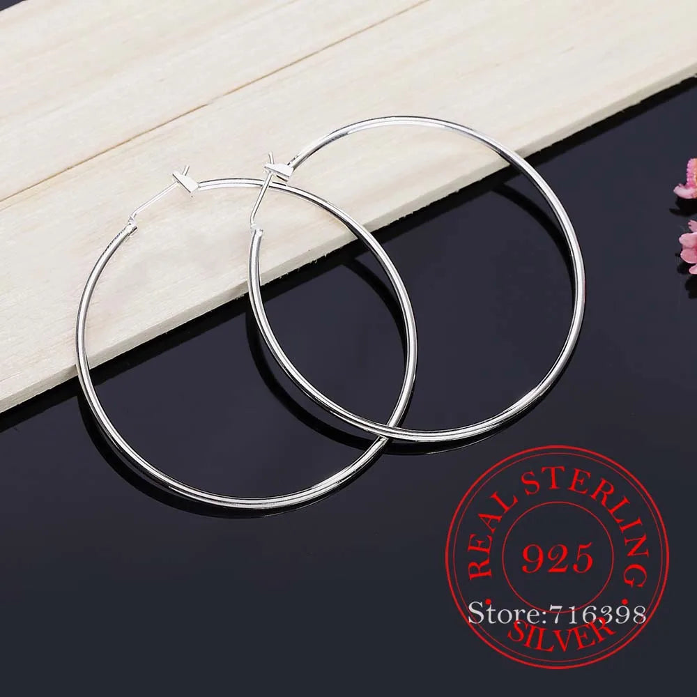 925 Sterling Silver Hoop Earrings – Korean Smooth Big Circle Vintage Style for Women, Party & Wedding Jewelry Gift