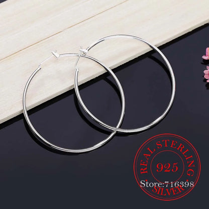 925 Sterling Silver Hoop Earrings – Korean Smooth Big Circle Vintage Style for Women, Party & Wedding Jewelry Gift