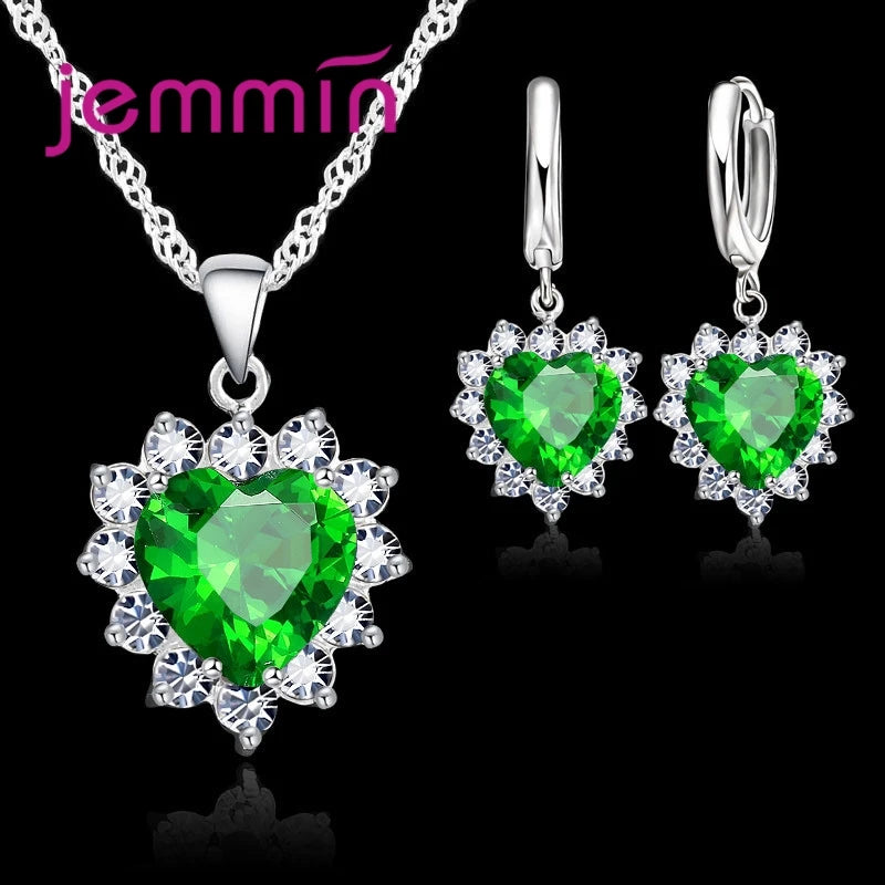 Solid 925 Silver Color Wedding Engagement Anniversary Gift Jewelry Sets Heart Pendant Hoop Earrings for Women Girls