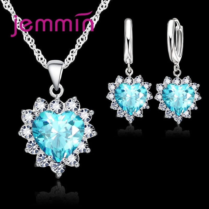 Solid 925 Silver Color Wedding Engagement Anniversary Gift Jewelry Sets Heart Pendant Hoop Earrings for Women Girls
