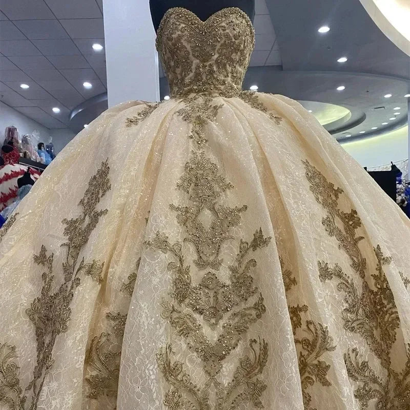 Luxury Gold Quinceañera Dress (MQ645 · Embroidered Organza · Vintage Ball Gown · Customizable)