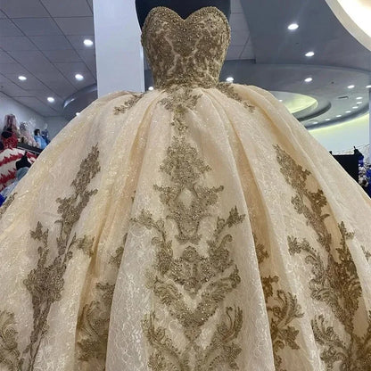 Luxury Gold Quinceañera Dress (MQ645 · Embroidered Organza · Vintage Ball Gown · Customizable)