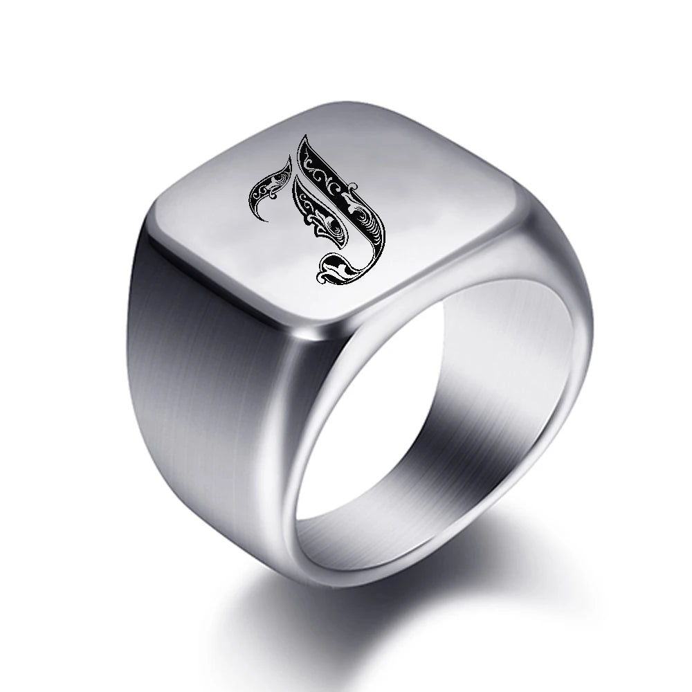 Initial Engrave Custom Rings For Men Stainless Steel Male Signet Blank Jewelry Ring Band High Polished Silver Tone U.S.Size