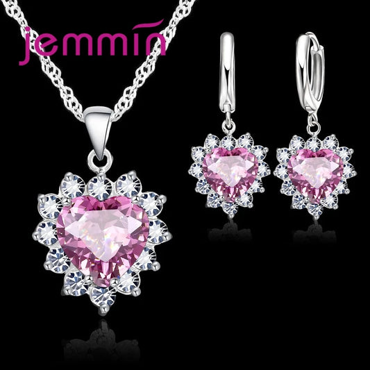 Solid 925 Silver Color Wedding Engagement Anniversary Gift Jewelry Sets Heart Pendant Hoop Earrings for Women Girls