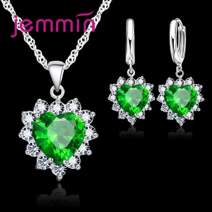 Solid 925 Silver Color Wedding Engagement Anniversary Gift Jewelry Sets Heart Pendant Hoop Earrings for Women Girls