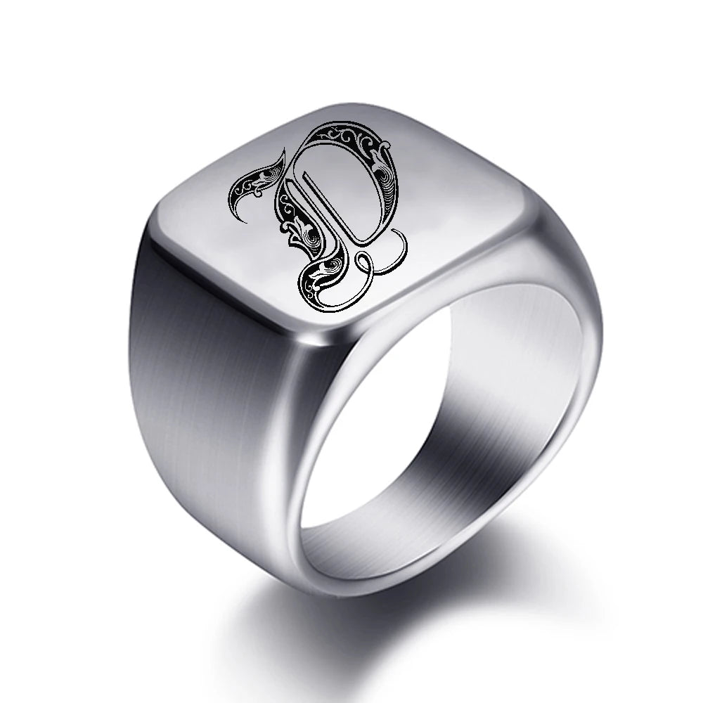 Initial Engrave Custom Rings For Men Stainless Steel Male Signet Blank Jewelry Ring Band High Polished Silver Tone U.S.Size