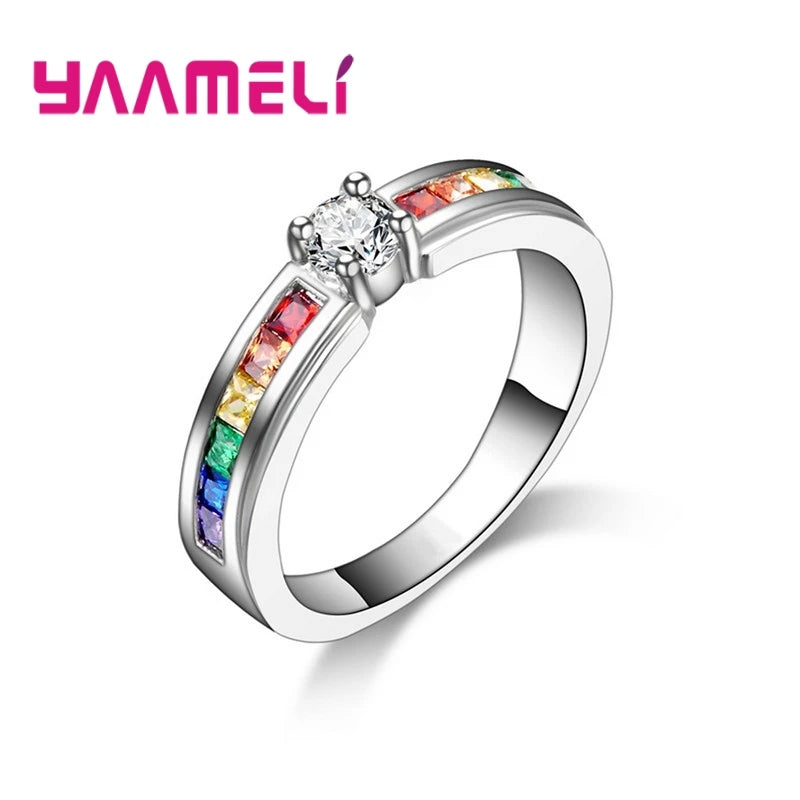 100% 925 Sterling Silver Color Rainbow Cubic Zircon Rings For Women Wedding Lovely Engagement Proposal Ring Accessory