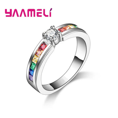 100% 925 Sterling Silver Color Rainbow Cubic Zircon Rings For Women Wedding Lovely Engagement Proposal Ring Accessory