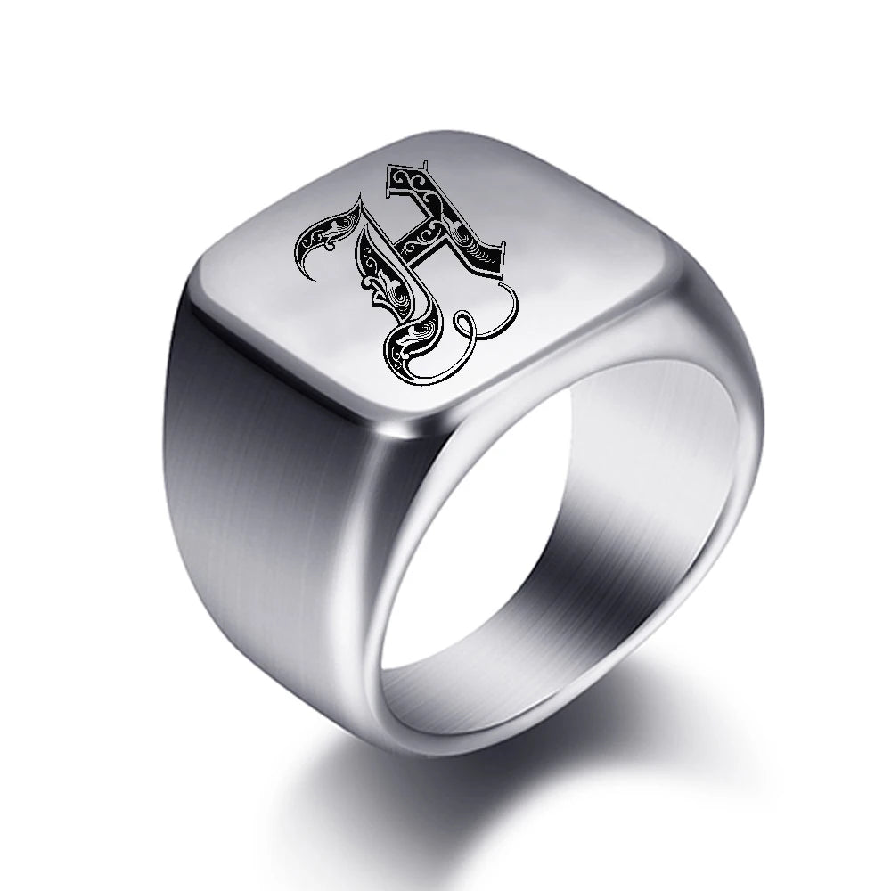 Initial Engrave Custom Rings For Men Stainless Steel Male Signet Blank Jewelry Ring Band High Polished Silver Tone U.S.Size