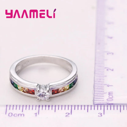 100% 925 Sterling Silver Color Rainbow Cubic Zircon Rings For Women Wedding Lovely Engagement Proposal Ring Accessory