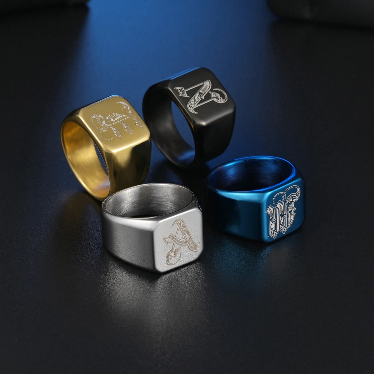 26 English Letters Stainless Steel Ring (Men · Double Beveled Edges · Classic Signet Style)