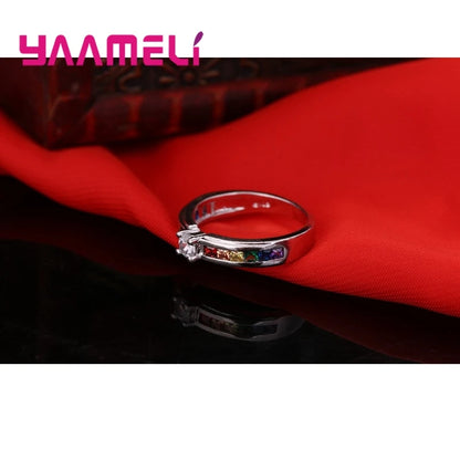 100% 925 Sterling Silver Color Rainbow Cubic Zircon Rings For Women Wedding Lovely Engagement Proposal Ring Accessory