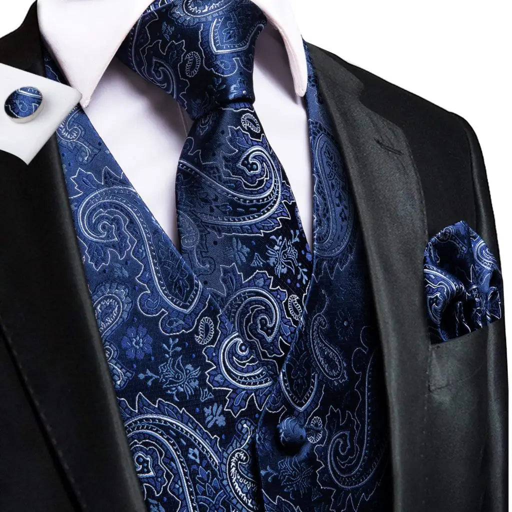 Hi-Tie 20 Color Silk Men's Vests Tie Slim Sleeveless Jacket Hanky Cufflink Waistcoat 4PC Suit