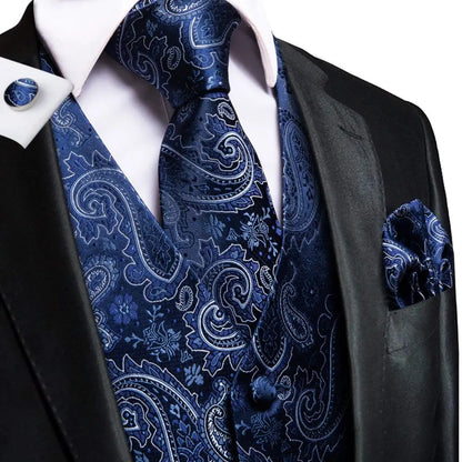 Hi-Tie 20 Color Silk Men's Vests Tie Slim Sleeveless Jacket Hanky Cufflink Waistcoat 4PC Suit
