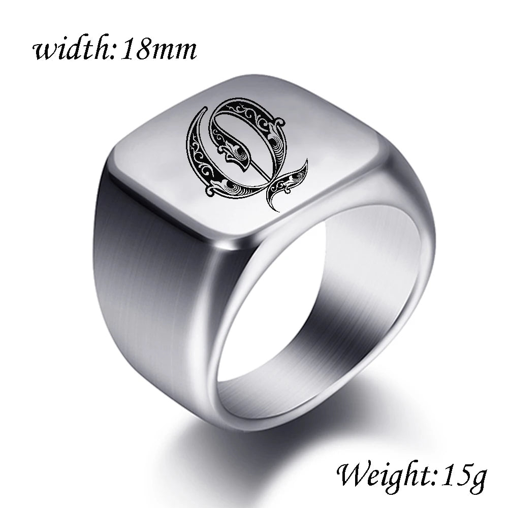 Initial Engrave Custom Rings For Men Stainless Steel Male Signet Blank Jewelry Ring Band High Polished Silver Tone U.S.Size