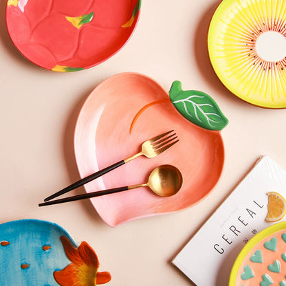 Ceramic Emulation Fruit Shape Plate Hand Painted Underglaze Cute Dessert Pastoral Dish Service Plate