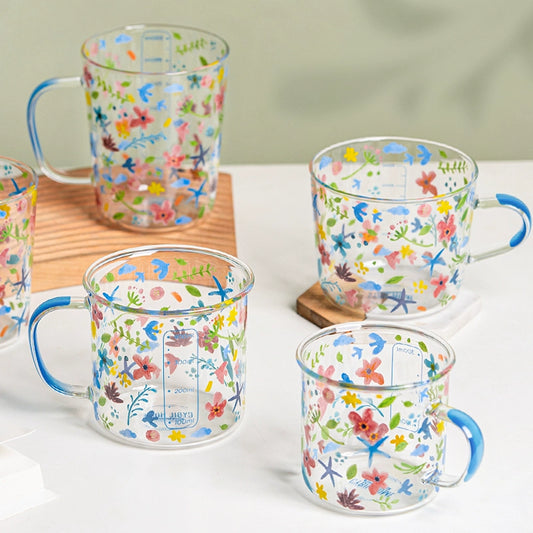 Xibiler Flowers and Plants with Handle Glass Cup with Scale High Temperature Resistant Household Coffee Cup Tea Cup Good-looking Breakfast Cup